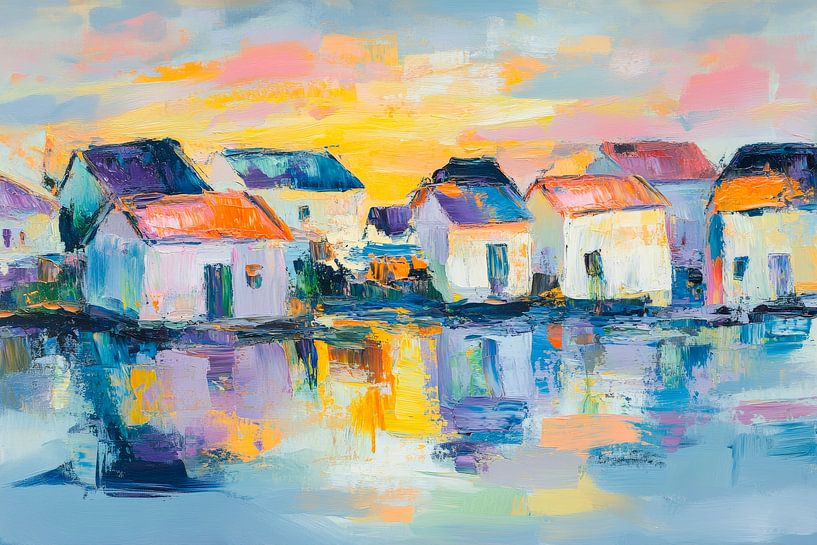 Village coloré au bord de l'eau au coucher du soleil par Poster Art Shop