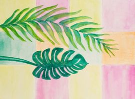 Wenn Blätter auf Quadrate treffen (Gemälde von tropischen Blättern mit einem Hintergrund aus farbigen Quadraten) von Birgitte Bergman