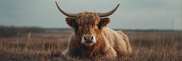 Highland koe in herfstige duinen panorama van Digitale Schilderijen