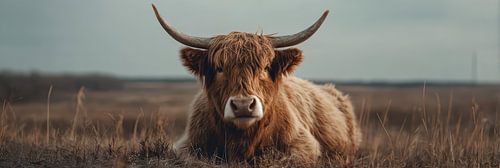 Highland cow in autumn dunes panorama by Digitale Schilderijen