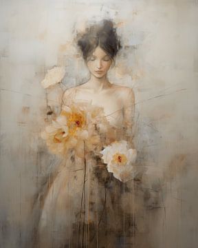 Portrait romantique avec des fleurs dans des tons doux sur Carla Van Iersel