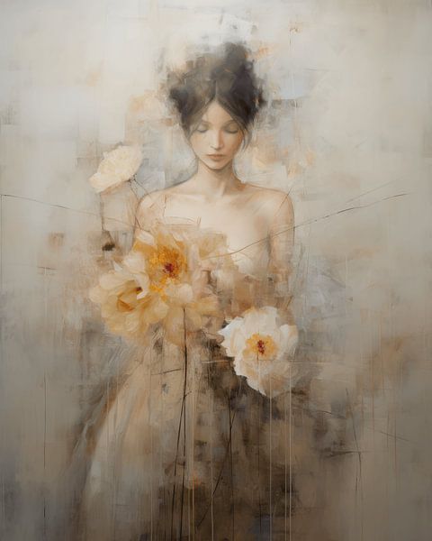 Portrait romantique avec des fleurs dans des tons doux par Carla Van Iersel