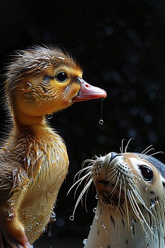 Zeehond en eend staren elkaar aan