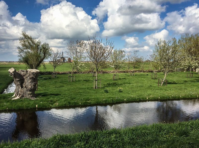 Kleurenfoto van een polderlandschap in de nabijheid van het dorp Grootschermer in Noord Holland van Hans Post