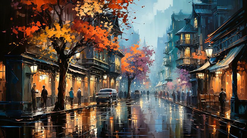 Einkaufstour in einer Stadt mit herbstlichen Bäumen bei Nacht Kunst Malerei von Animaflora PicsStock