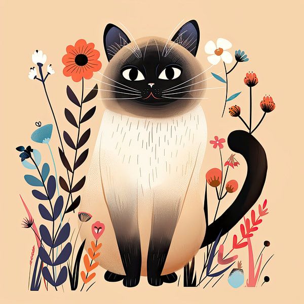 Siamese Kat Muurdecoratie met Bloemen van Vlindertuin-Art