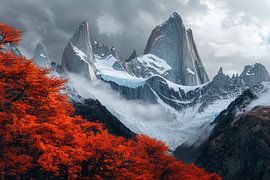 Paysage de montagne avec des arbres rouges sur Poster Art Shop