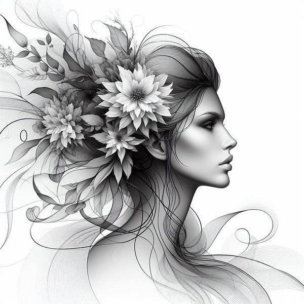 Portrait de femme avec des fleurs noir et blanc par Jessica Berendsen