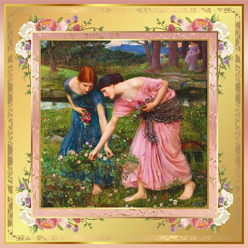 S.F. Pink and Gold Remastered Version of Gather Ye Rosebuds While Ye May by John William Waterhouse