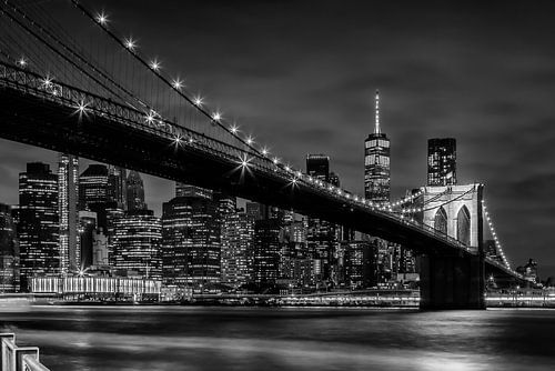 NYC Brooklyn Bridge & Seaport District at Night - Monochrome by Melanie Viola