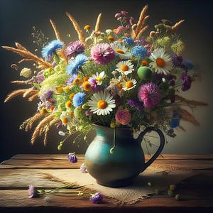 Nature morte ; bouquet de fleurs des champs dans le style des vieux maîtres