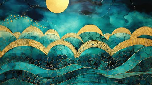 Abstract schilderij in blauw, groen en goud