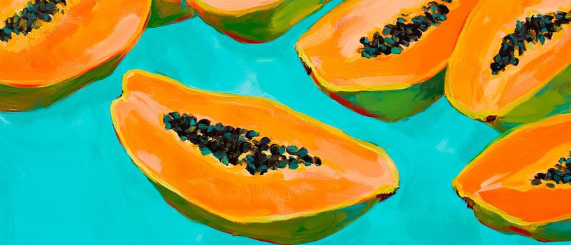 Bright papaya halves on a blue background by Poster Art Shop
