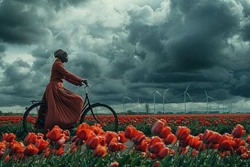 une femme fait du vélo dans un champ de tulipes sur Egon Zitter