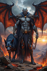 Dark Fantasy Wandbild: ZORVAKAR – Der Dämon mit seinem wilden Hund aus der Hölle