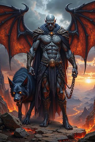 Dark Fantasy Wandbild: ZORVAKAR – Der Dämon mit seinem wilden Hund aus der Hölle