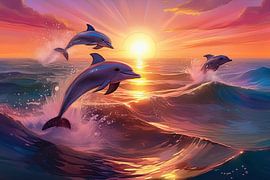 Leaping dolphins in the sea at sunset by Jörg B. Schubert