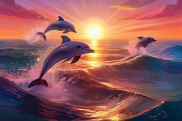 dauphins sautant dans la mer au coucher du soleil sur Jörg B. Schubert