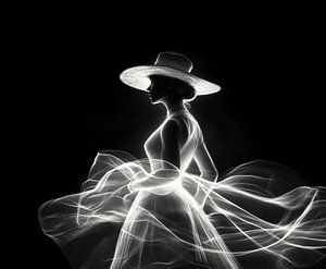 elegante Dame in Vintage-Kleid und großem Hut
