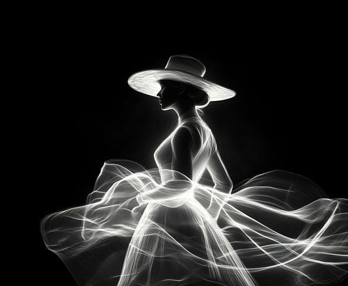 elegante Dame in Vintage-Kleid und großem Hut