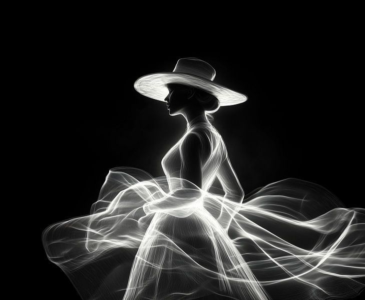 elegante Dame in Vintage-Kleid und großem Hut von Margriet Hulsker