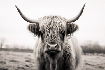 Black and white photograph of a Scottish Highland cattle in portrait by Animaflora PicsStock