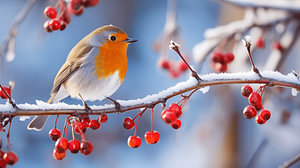 Erithacus rubecula Rotkehlchen auf einem verschneiten Ast im Winter