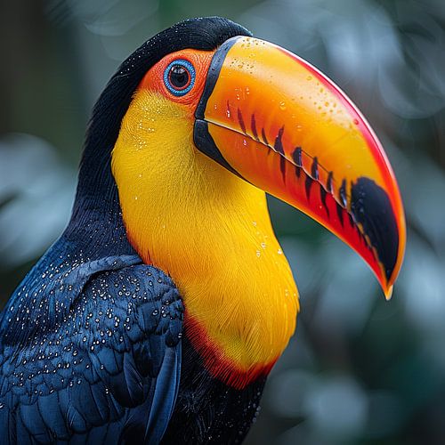 Close-up van een toekan met waterdruppels op zijn veren