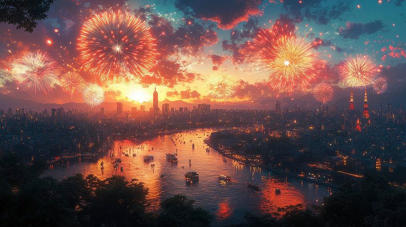 Vuurwerk boven de stad van Lufy