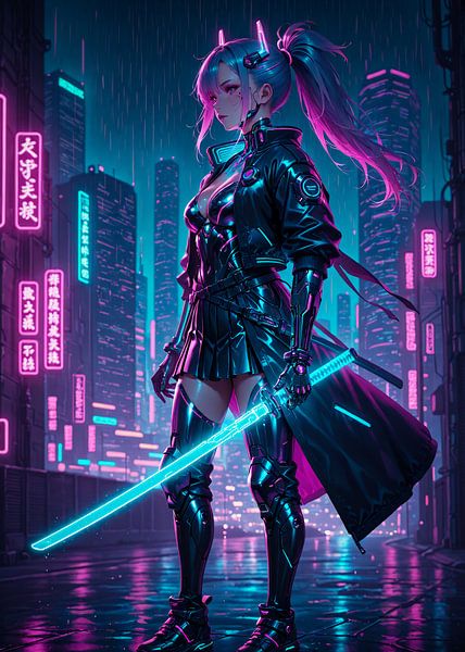 Samurai Girl Anime Cyberpunk Stil von Ruzerin