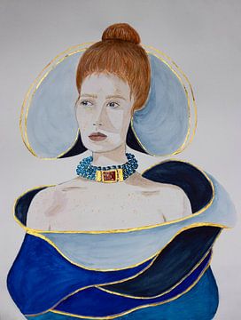 Frau in blauem Kleid mit goldenen Akzenten von Iris Kelly Kuntkes