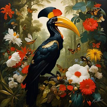 Dschungel-Flora Surrealismus: Hornvogel von Mellow Art