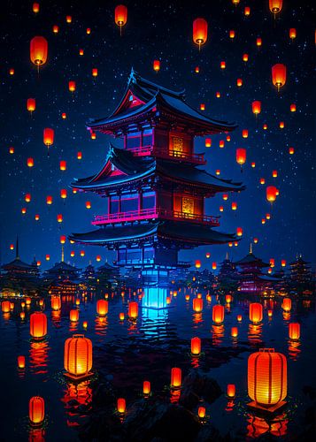 Cyberpunk Style Floating Pagoda Japan