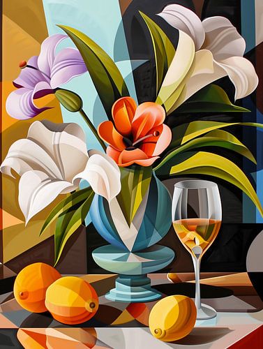 Art Deco Stilleven met Bloemen en Wijn in de Stijl van Tamara de Lempicka
