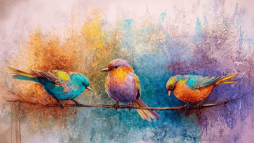 Fröhliches Vogelbild: drei bunte Vögel auf einem Ast