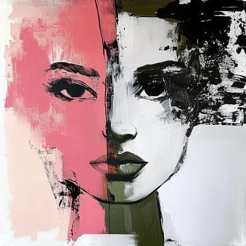 Dualiteit in kleur; zwart wit portret van een vrouw met indringende ogen vol emotie, een kant zwart en wit en groen andere, abstract modern kant roze van Bianca ter Riet