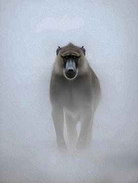 Majestic Baboon Misty Fog Impasto Wildlife Portrait by Ramy Salah Hefny