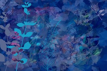Vibrations botaniques nocturnes. Fleurs et feuilles en bleu et violet. sur Dina Dankers