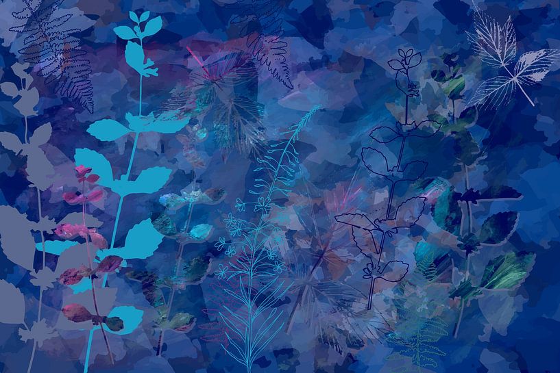 Botanical night vibes. Flowers and leaves in blue and purple. by Dina Dankers