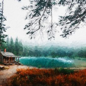 Cabane forestière au bord d'un lac dans un paysage brumeux (art) sur Art by Jeronimo