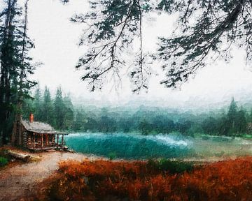 Waldhütte an einem See in einer nebligen Landschaft (Kunst) von Art by Jeronimo