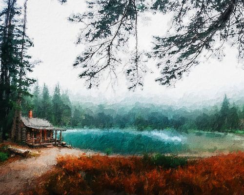 Forest hut on a lake in a misty landscape (art) by Art by Jeronimo