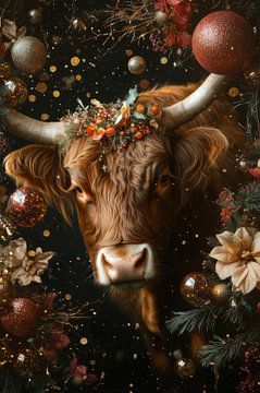 Winter Glow - Bull with Christmas decoration by Eva Lee