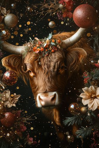 Winter Glow - Bull with Christmas decoration