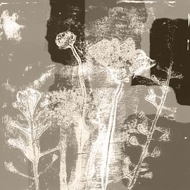 Abstract botanical art. Flowers in neutral pastel colors. White on taupe by Dina Dankers