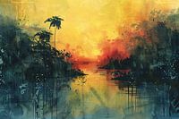 Tropischer Sonnenuntergang mit Wasser und Palmen