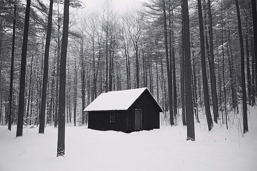 Eenzaam huisje in besneeuwd bos
