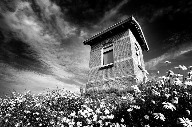 Dijkhuisje, Nederlandse kust (zwart-wit) van Rob Blok
