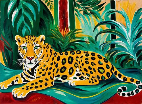 Luipaard in kleurrijke jungle