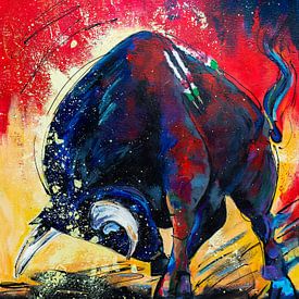Kleurrijk schilderij van een Stier van Els Schat-Grooters